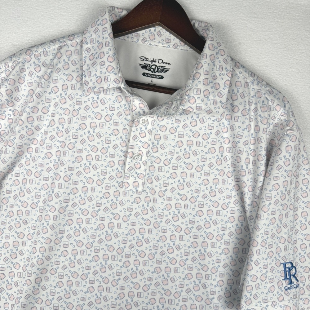 Straight Down Golf Polo Shirt Mens L Whiskey Bottle Wine Glass AOP Performance